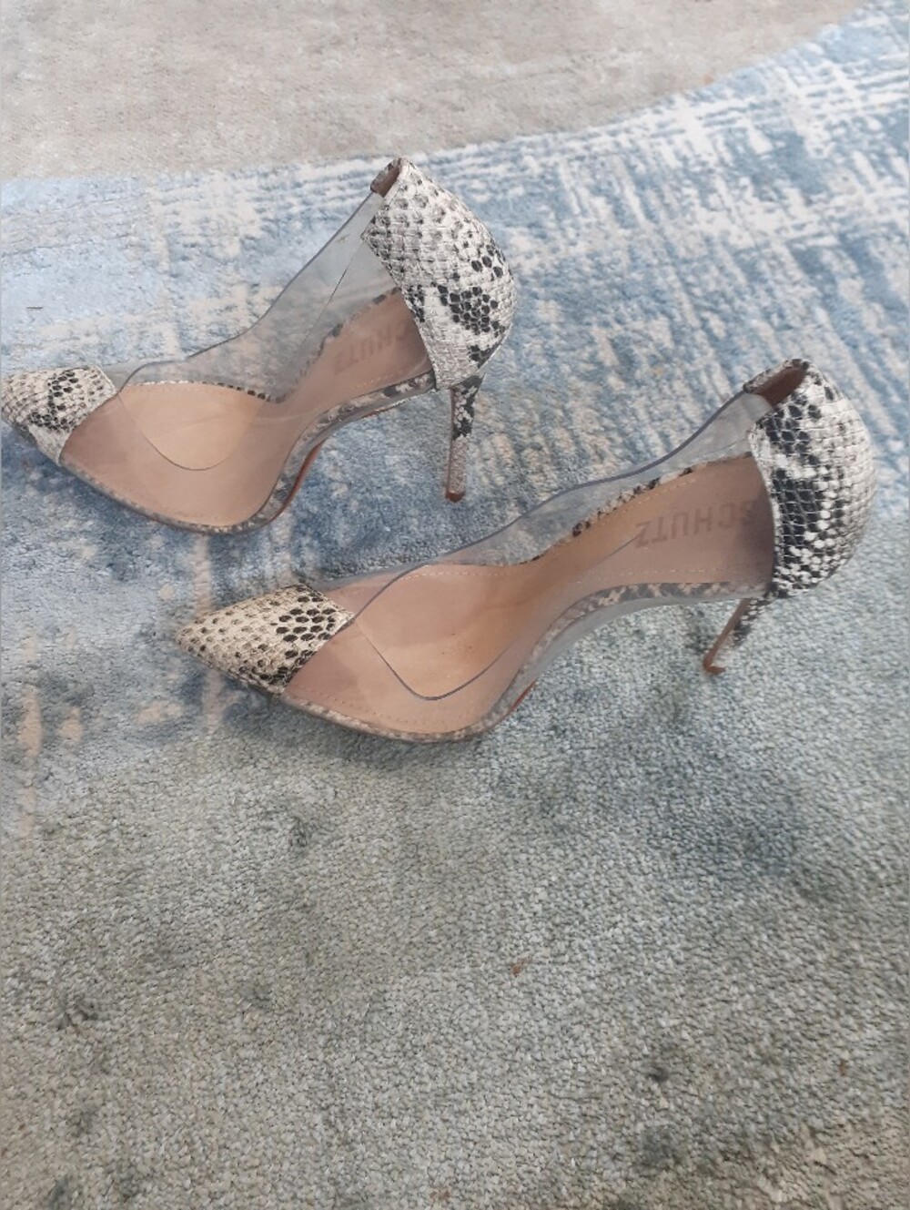 SCHUTZ Snakeskin Pointed Toe Heels with Clear Panels
